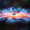 A brightly colored illustration sows rings of light radiating out into darkness from a central black mass.